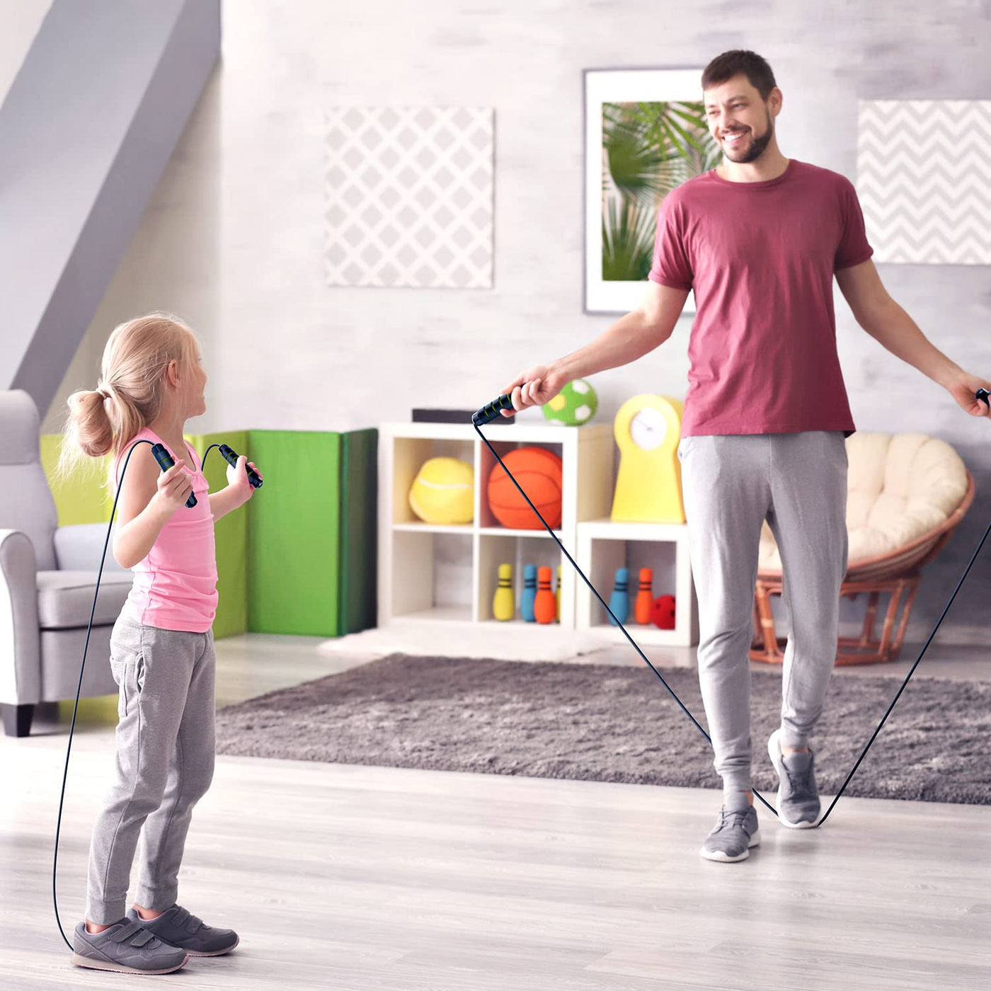 Tangle-free jump rope in use, underscoring its role in promoting healthy lifestyles through fun and a quick workout.