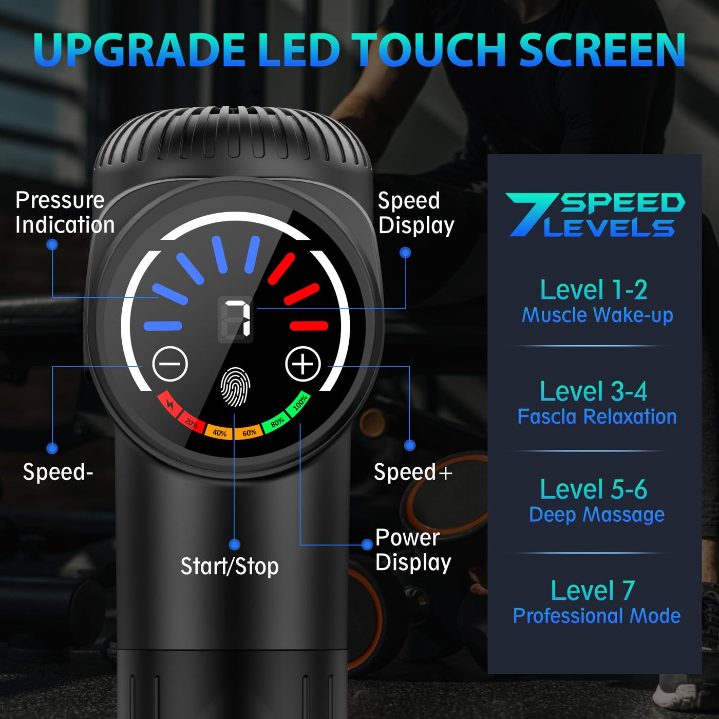 Close-up of TOLOCO Massage Gun showing the sleek design and silent brushless motor, featuring a percussion massager with multiple heads.