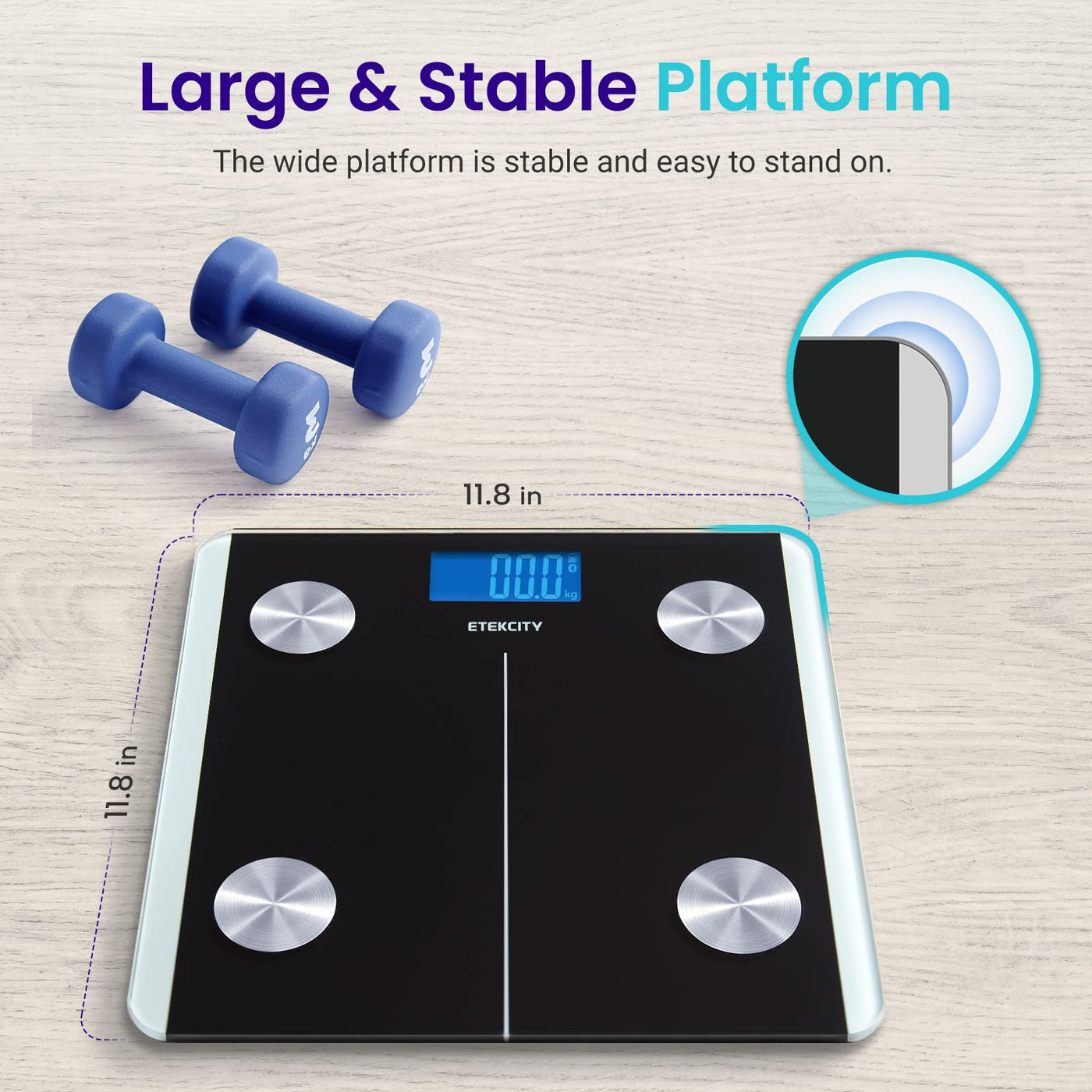 Etekcity Smart Scale for Body Weight surrounded by fitness items, emphasizing its capabilities as a Bluetooth body composition scale.