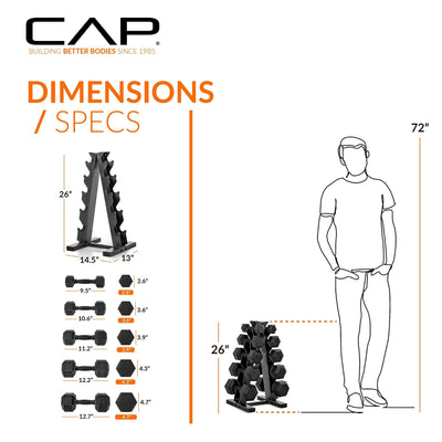 Setup of the CAP Barbell 150 LB Coated hex dumbbells with rack in a home fitness environment.