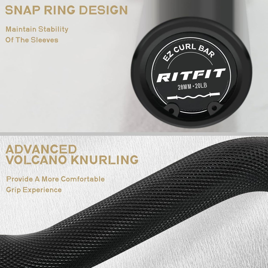 RitFit 2-Inch EZ Curl Bar with Weights for Bicep &amp; Tricep Strength Training | 350LB Olympic Barbell Set | DreamchaserHQ