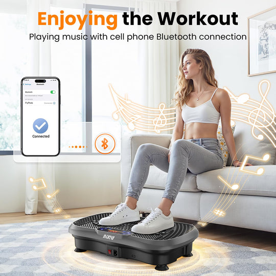 Close-up of AXV Vibration Plate use showing smooth vibrations for weight loss effort.