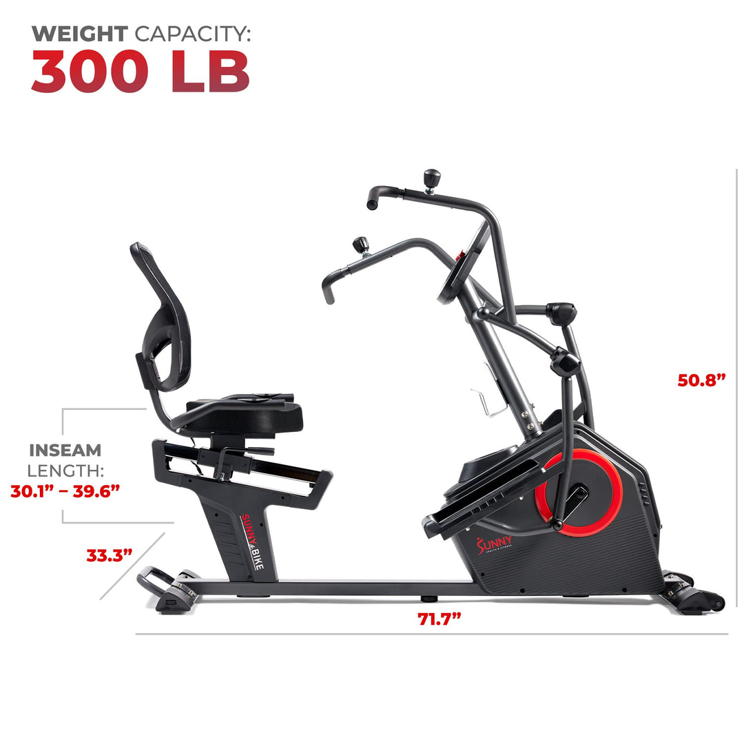 Sunny Health &amp; Fitness Electromagnetic Recumbent Cross Trainer Exercise Elliptical Bike w/Arm Exercisers, Easy Access Seat &amp; Exclusive SunnyFit® App Enhanced Bluetooth Connectivity - SF-RBE4886SMART - Dreamchaser Headquarters