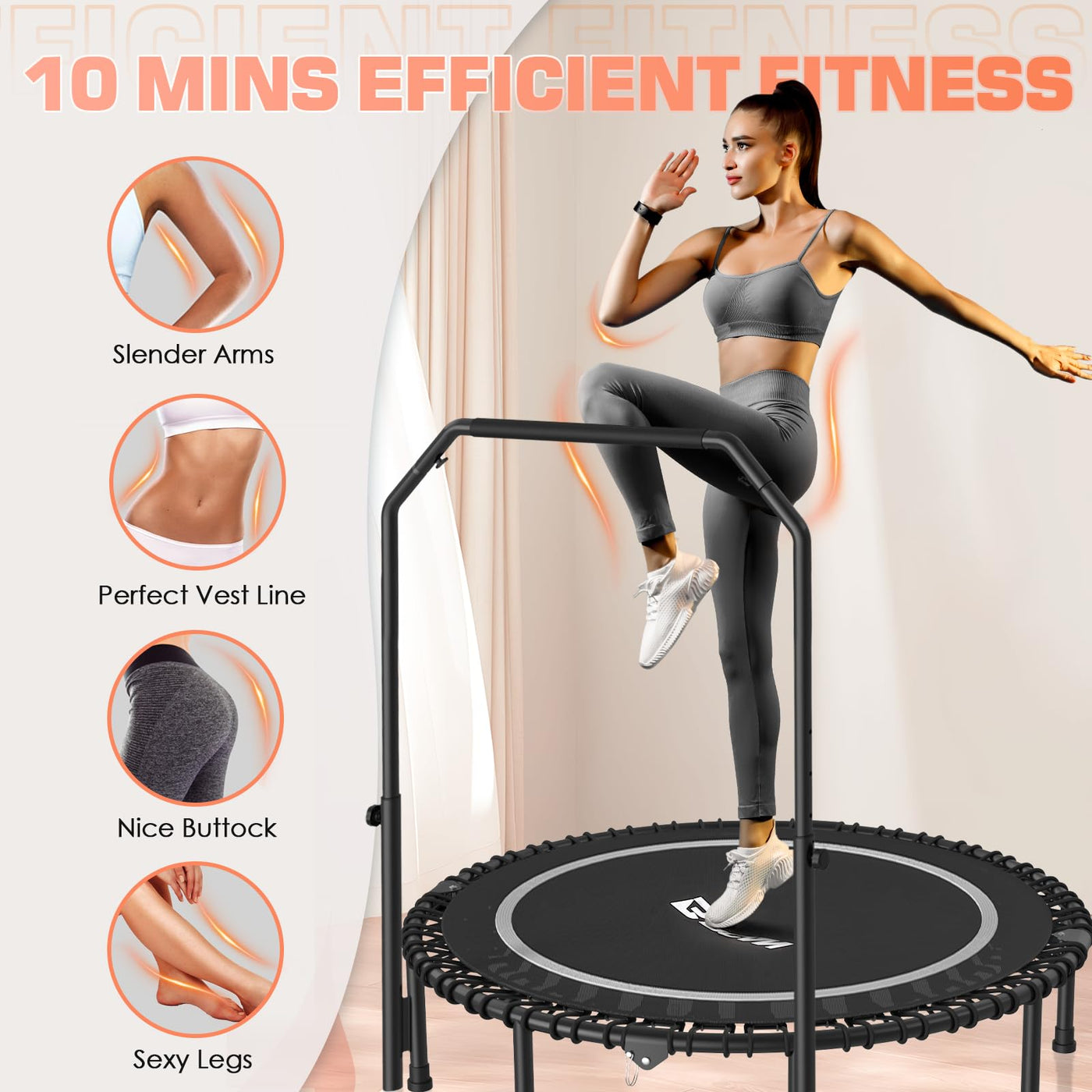 Portable BCAN fitness trampoline with handle folded for storage, illustrating its compact design.