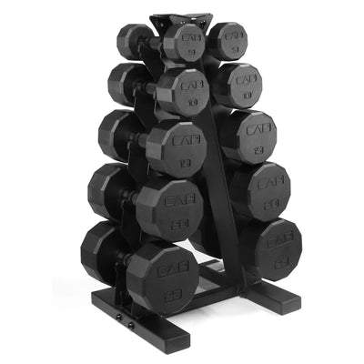 Overview photo of hex dumbbells with rack, emphasizing quality equipment from CAP Barbell.