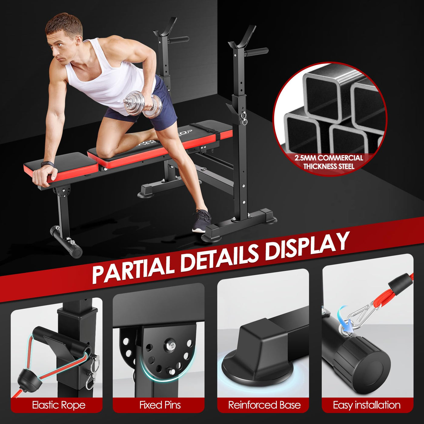 Close-up of squat rack adjustability in OPPSDECOR Weight Bench Set, perfect home gym equipment for tailored workouts.