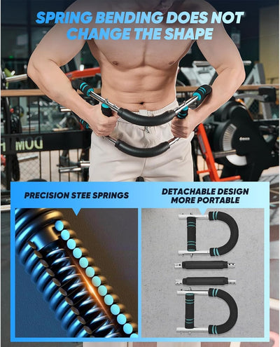 User following the training guide chart with the Saker Twister Arm Trainer, showcasing effective chest and arm workouts.