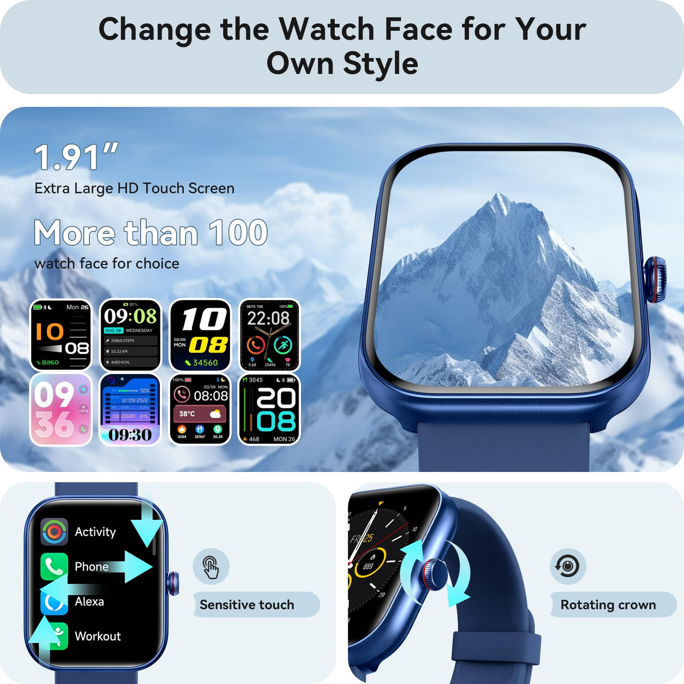 Smart Watch for Women Men, Smartwatch for iPhone & Android Bluetooth (Answer/Call) Built-in Alexa, 1.91" HD Fitness Tracker with 105+ Sport Modes, IP68 Waterproof, Sleep/Heart Rate/SpO2/Stress Monitor - Dreamchaser Headquarters