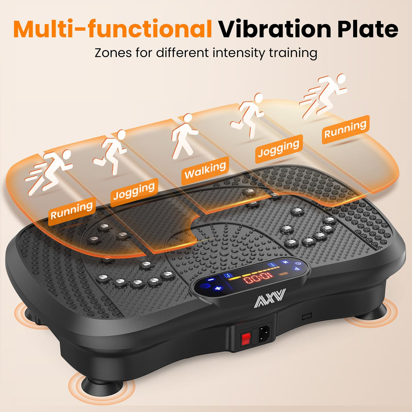 User experiencing the AXV Vibration Plate's powerful vibrations, an ideal weight loss vibrating platform.