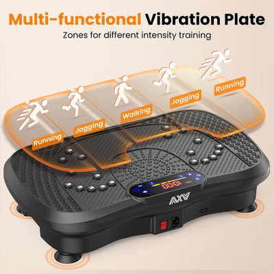 User experiencing the AXV Vibration Plate's powerful vibrations, an ideal weight loss vibrating platform.