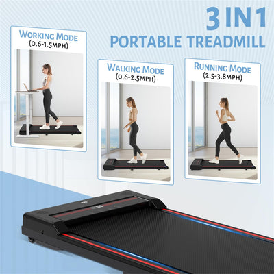 Walking Pad Treadmill displayed with accessories, emphasizing its use as a portable treadmill for home.