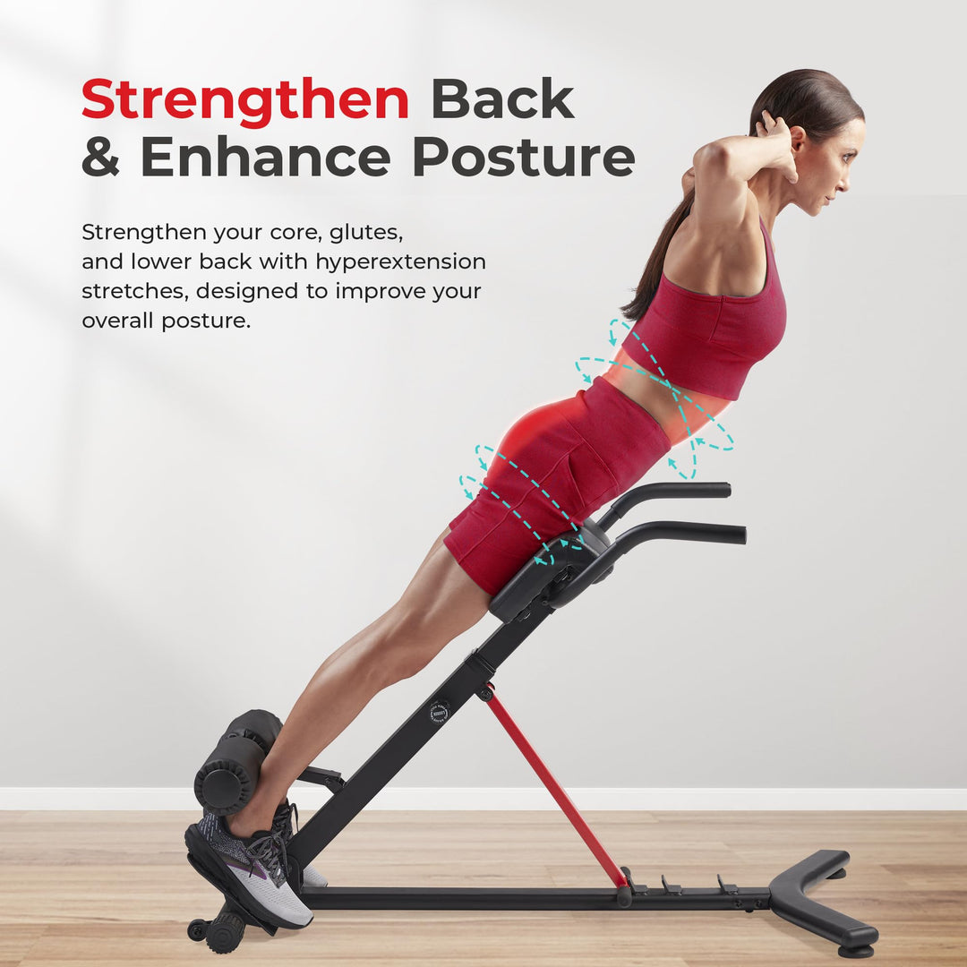 Sunny Health &amp; Fitness 45-Degree Hyperextension Roman Chair with Adjustable Height and Back, Glute, Hamstring, and Ab Workouts Foldable Sit Up Gym Bench for Home, Gray - SF-BH6629 - Dreamchaser Headquarters