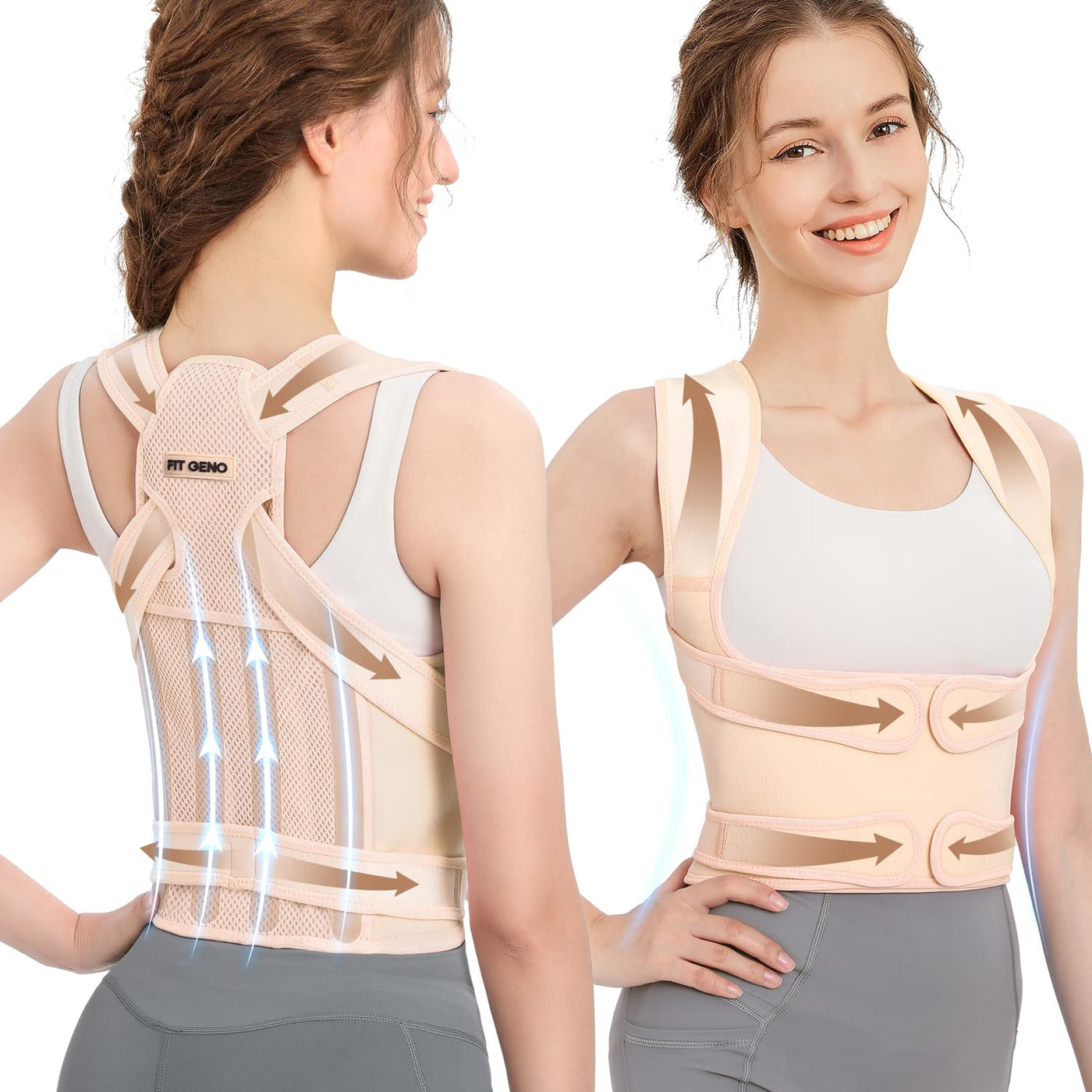 Fit Geno Back Brace Posture Corrector demonstrating effective shoulder straightening for back pain relief.