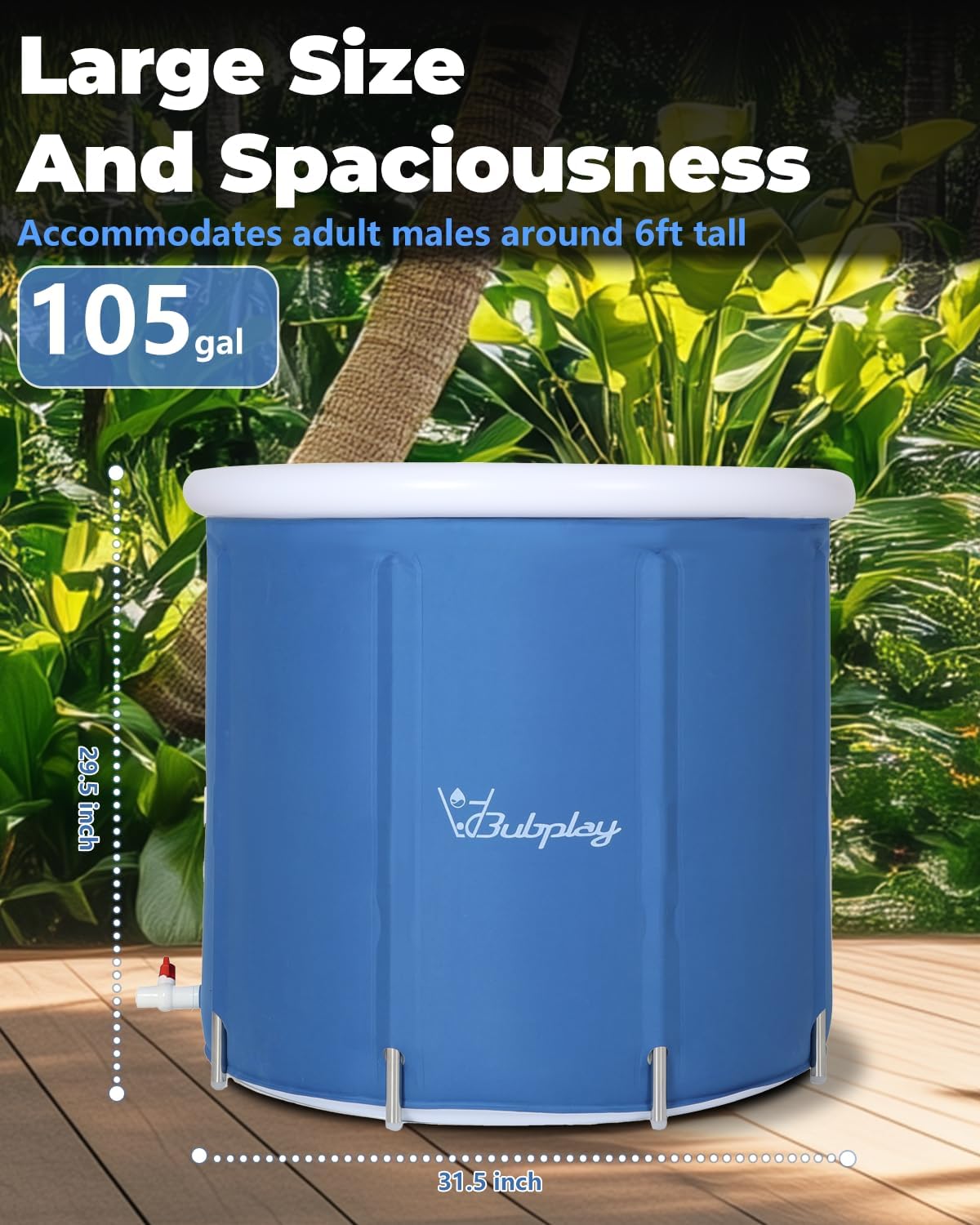 Full view of XL Ice Bath Tub showcasing its 105 gallons capacity for immersive cold plunge experiences.