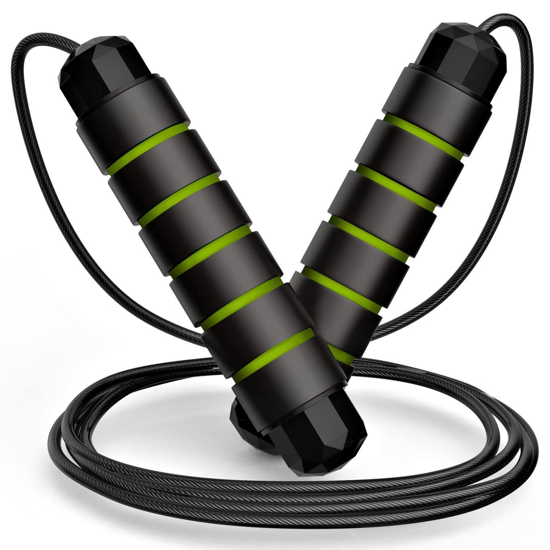 Tangle-free jump rope with foam grips being held by a user ready to start their fitness journey.