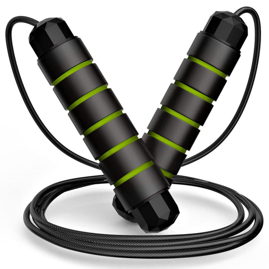 Tangle-free jump rope with foam grips being held by a user ready to start their fitness journey.