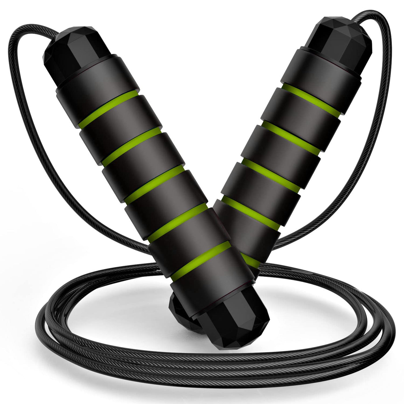 Tangle-free jump rope with foam grips being held by a user ready to start their fitness journey.