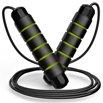 Tangle-free jump rope with foam grips being held by a user ready to start their fitness journey.