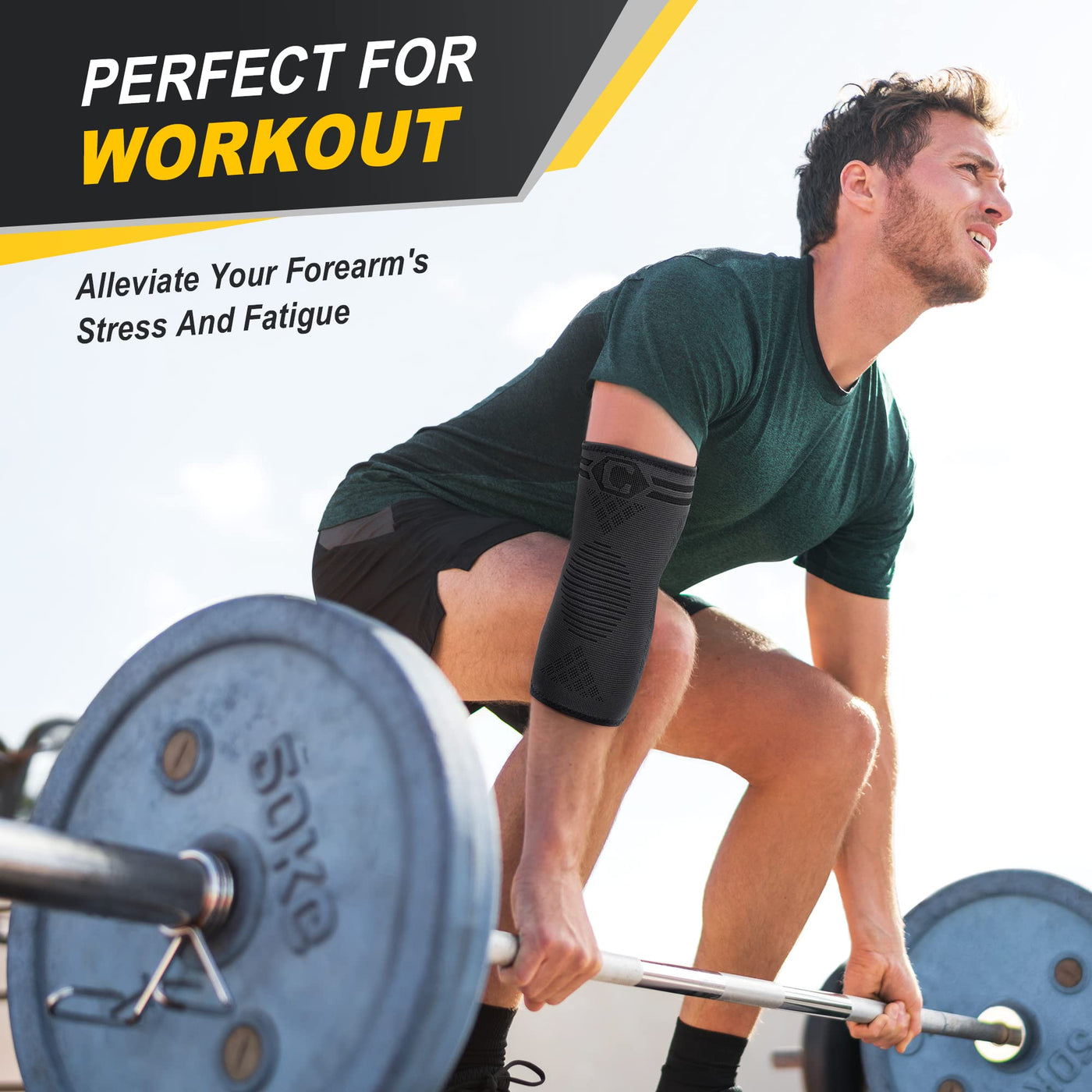 CAMBIVO elbow brace for tendonitis in use, showing support during powerlifting exercises.