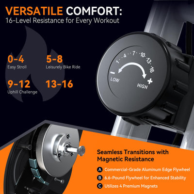 Foldable exercise bike showcasing its easy transport options and space efficiency.