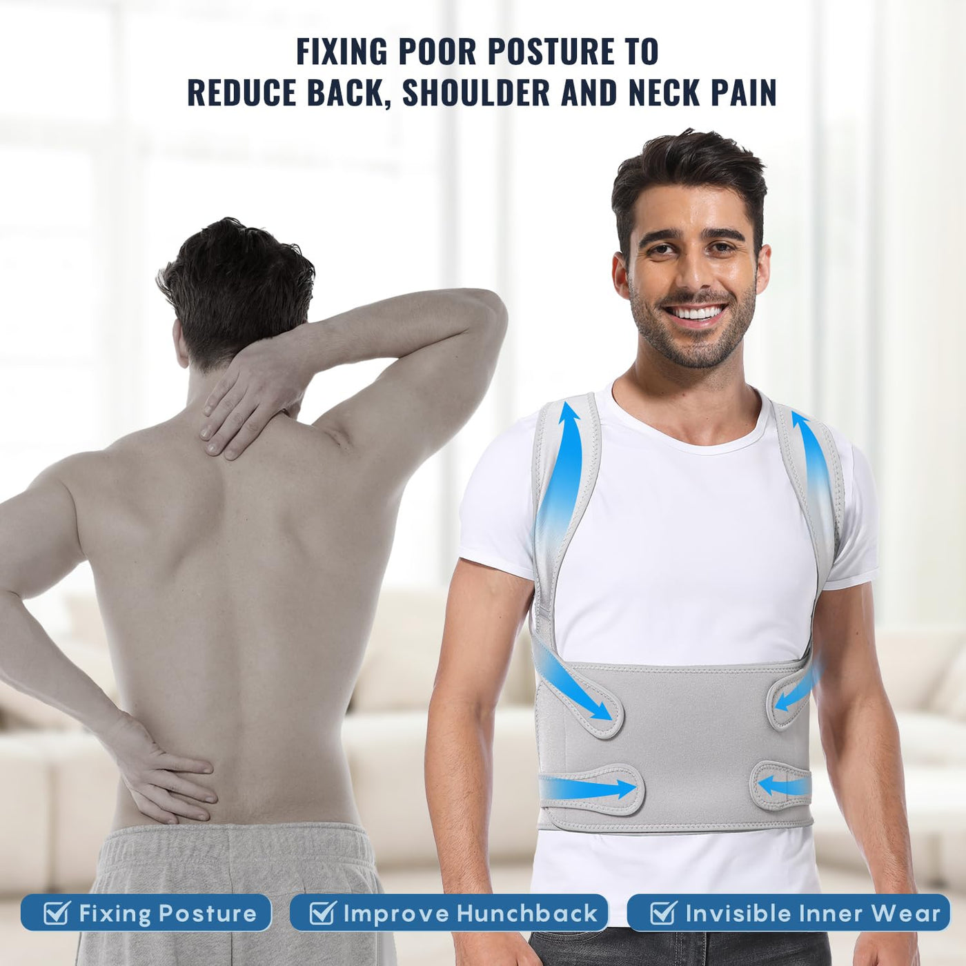 Comprehensive support shown by Fit Geno Back Brace as a posture corrector for back pain.