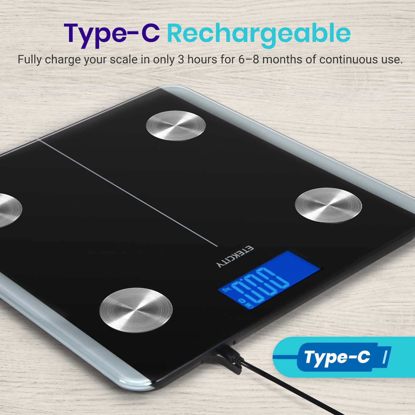 Etekcity Smart Scale for Body Weight in a home gym setting, illustrating its use as a Bluetooth body composition scale.