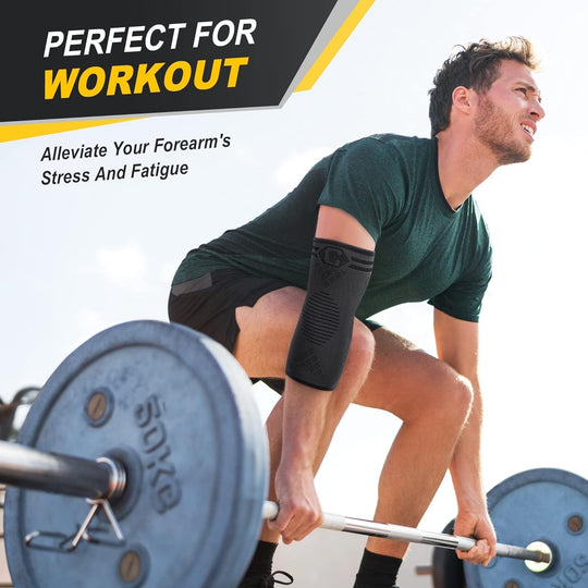 Man lifting weights with CAMBIVO elbow brace for tendonitis, providing essential support.