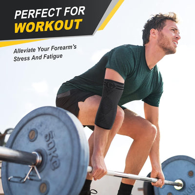 Man lifting weights with CAMBIVO elbow brace for tendonitis, providing essential support.