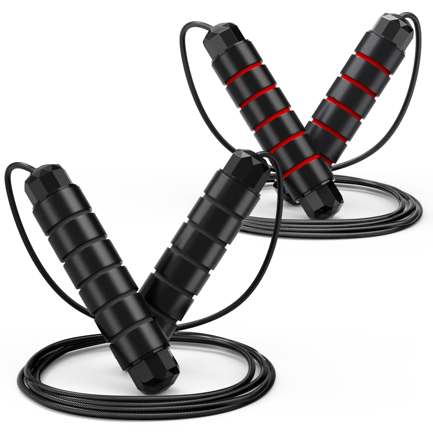 Excited users participating in a friendly jump rope competition with a tangle-free jump rope, promoting fun fitness.