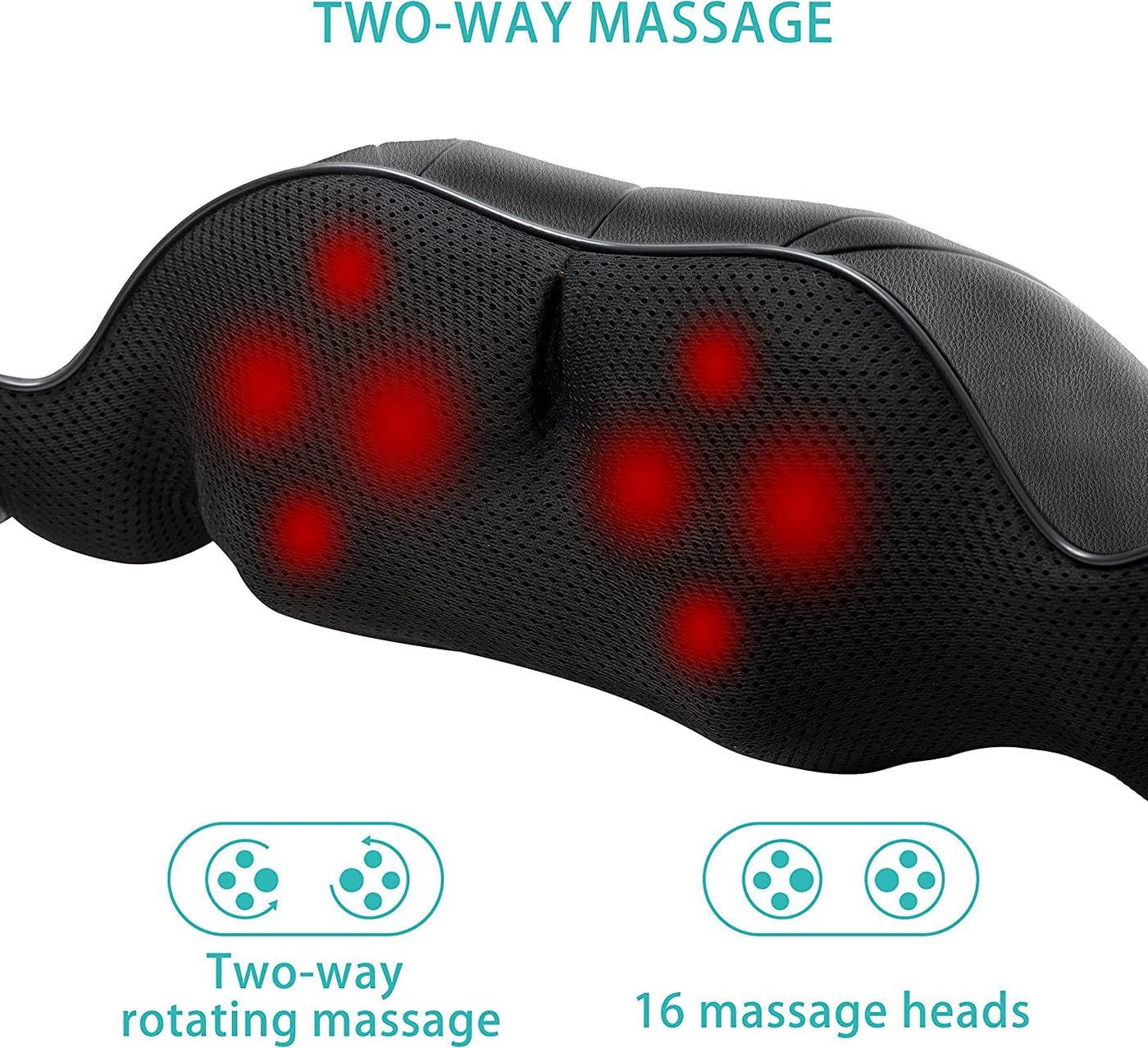 Close-up of the AERLANG heated shoulder massager highlighting its eight Bi-directional rotation kneading heads.