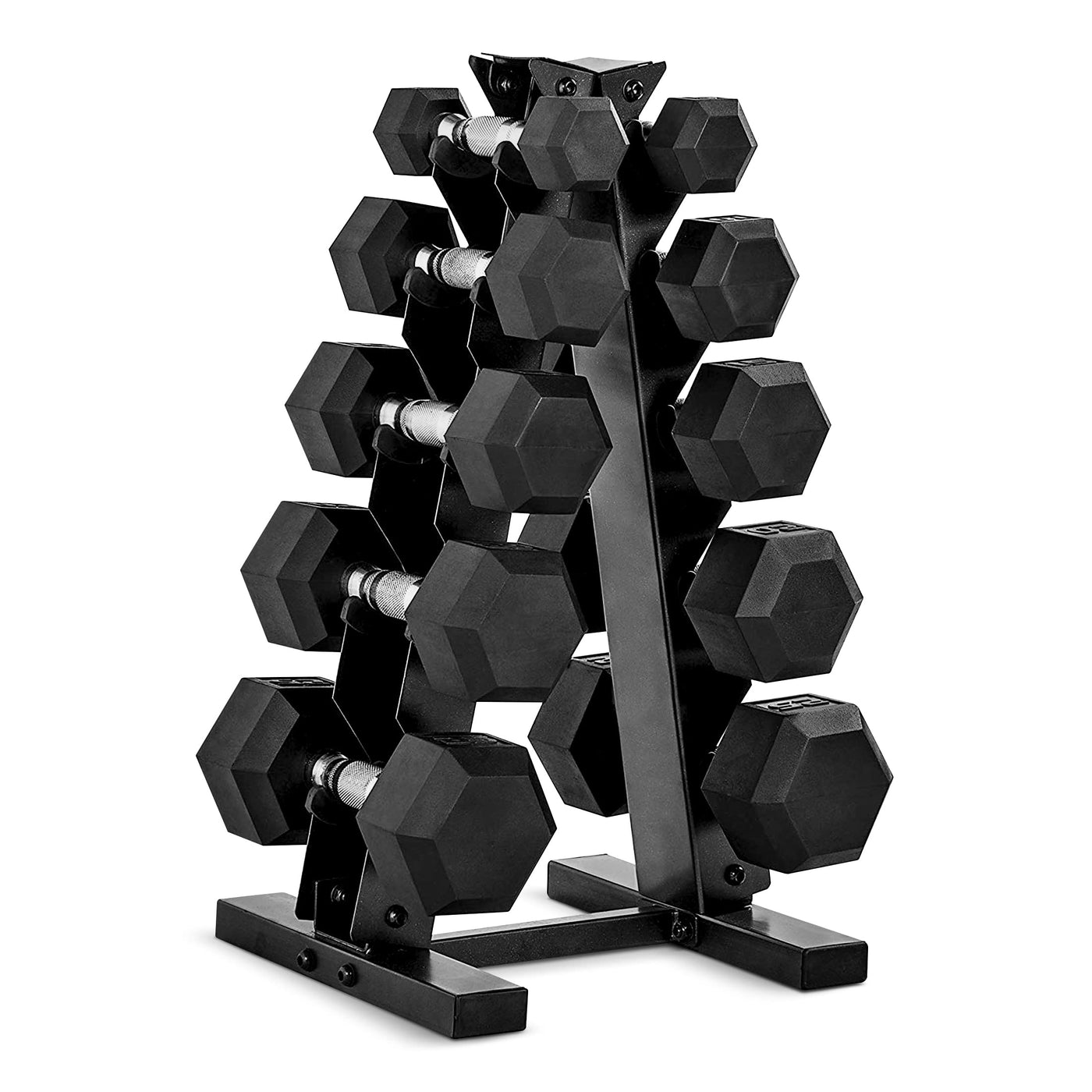 CAP Barbell 150 LB Coated Hex Dumbbell Weight Set with Vertical Rack, showcasing hex dumbbells with rack in black.