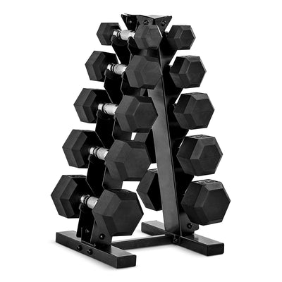 CAP Barbell 150 LB Coated Hex Dumbbell Weight Set with Vertical Rack, showcasing hex dumbbells with rack in black.