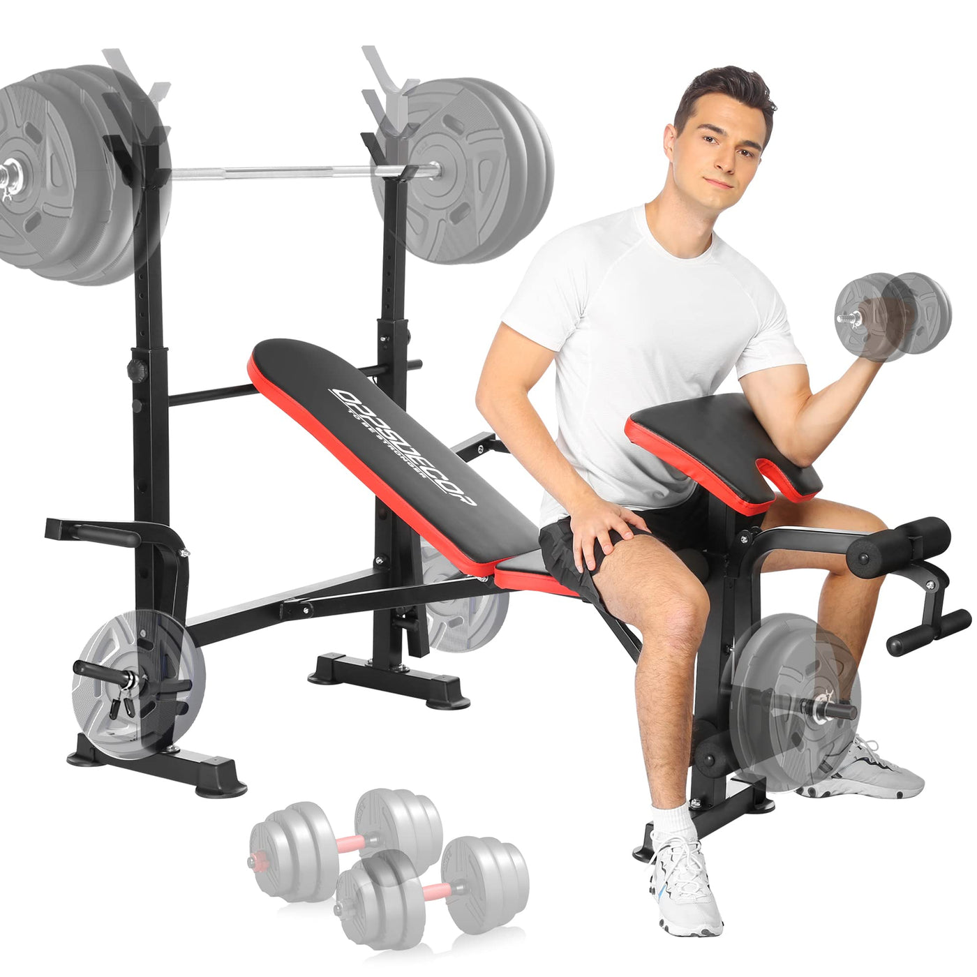 Compact storage of OPPSDECOR Weight Bench Set - Excellent home gym equipment for easy space saving after workouts.