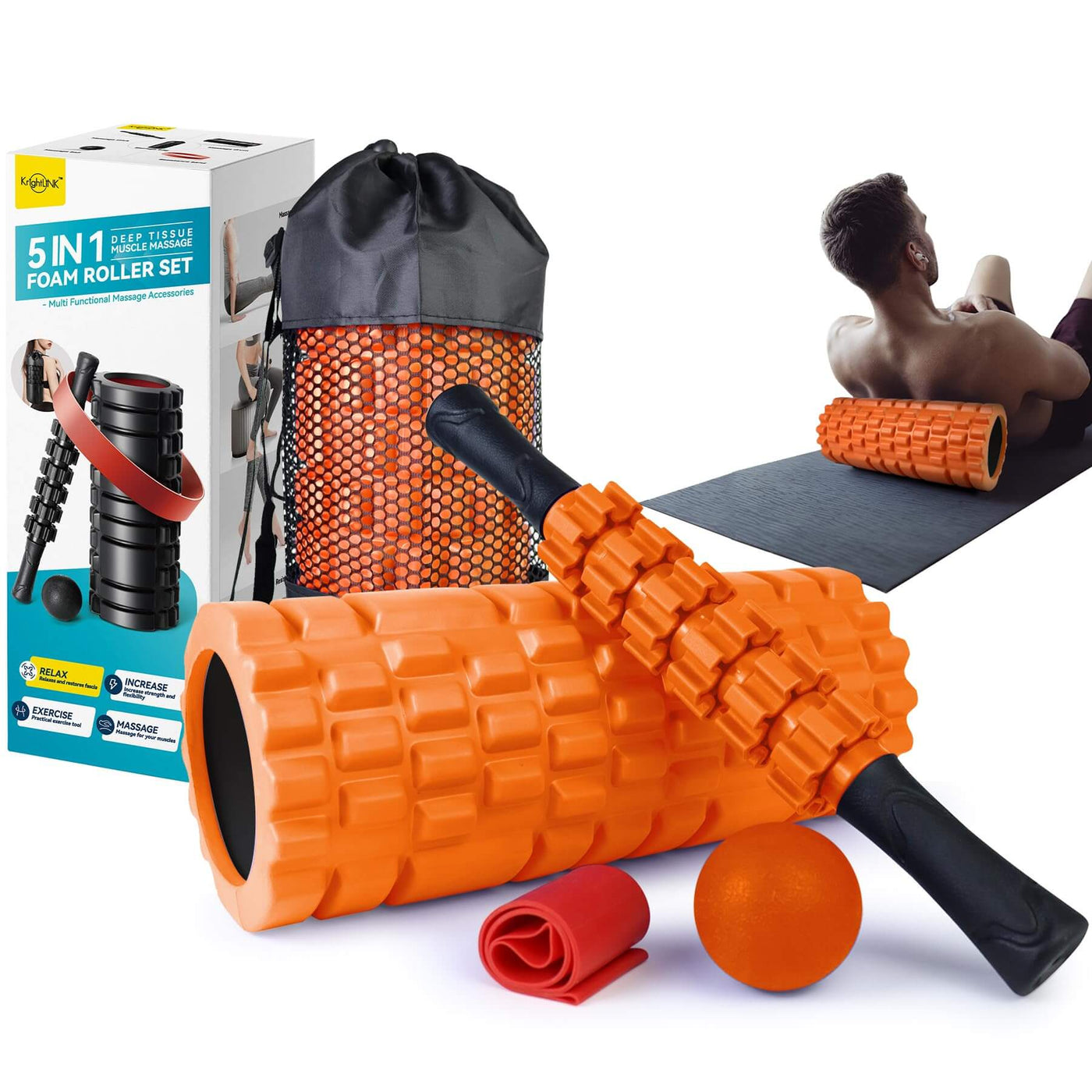 Krightlink 5 in1 Foam Roller Set for Deep Tissue Muscle Massage, High Density Fitness Exercise Foam Roller, Massage Roller, Massage Ball - Dreamchaser Headquarters
