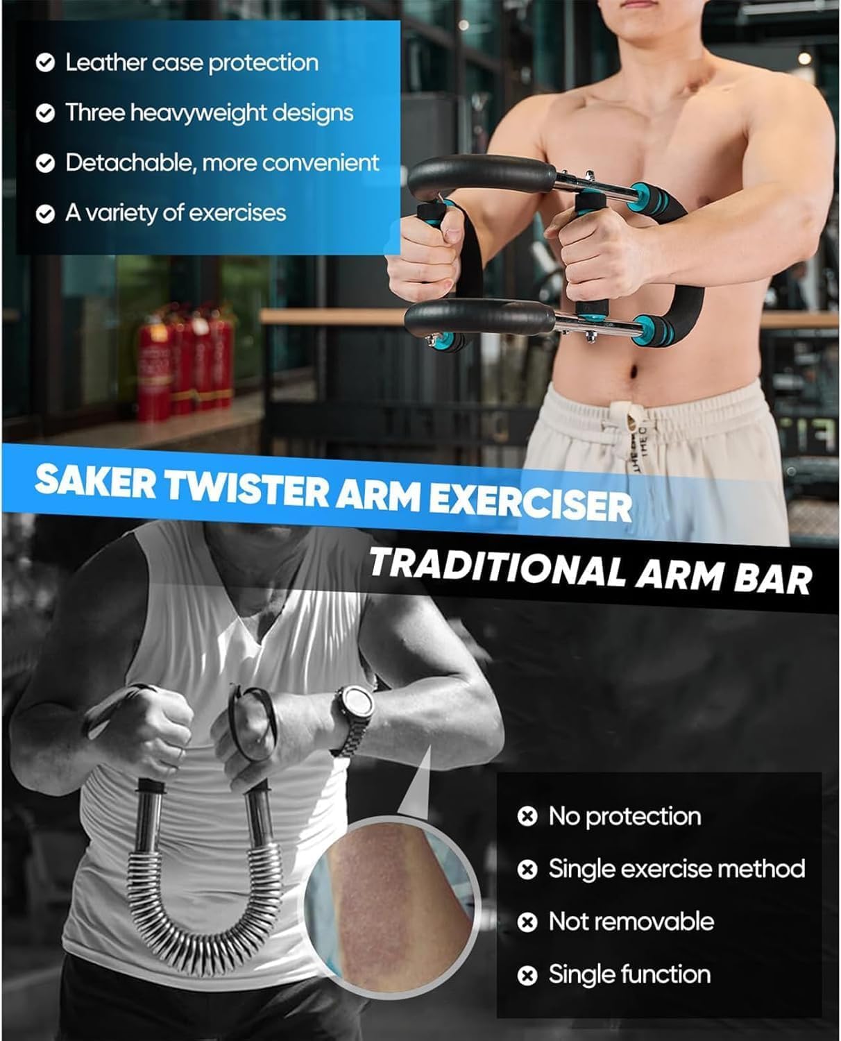 Saker Twister Arm Trainer displayed with foam handles, emphasizing comfort and grip for this adjustable arm trainer.