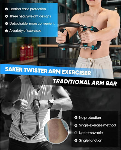 Saker Twister Arm Trainer displayed with foam handles, emphasizing comfort and grip for this adjustable arm trainer.