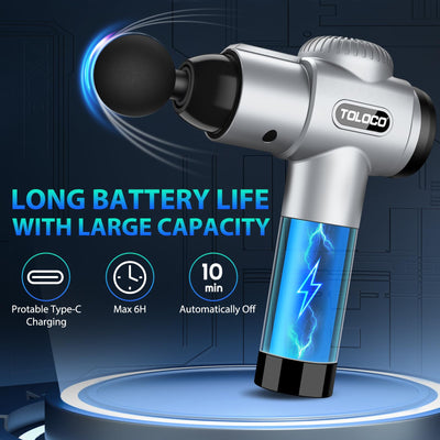 TOLOCO Massage Gun's dynamic design, showcasing its capabilities as a high-performance percussion massager with multiple heads.