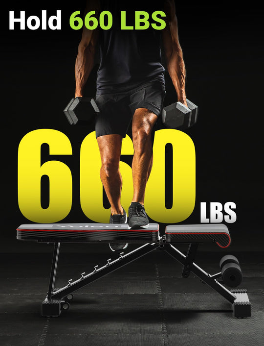 Folded Yoleo Adjustable Weight Bench for portable storage, perfect for a full body workout bench.