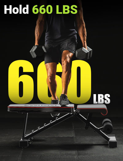 Folded Yoleo Adjustable Weight Bench for portable storage, perfect for a full body workout bench.