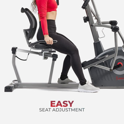 Sunny Health & Fitness Electromagnetic Recumbent Cross Trainer Exercise Elliptical Bike w/Arm Exercisers, Easy Access Seat & Exclusive SunnyFit® App Enhanced Bluetooth Connectivity - SF-RBE4886SMART
