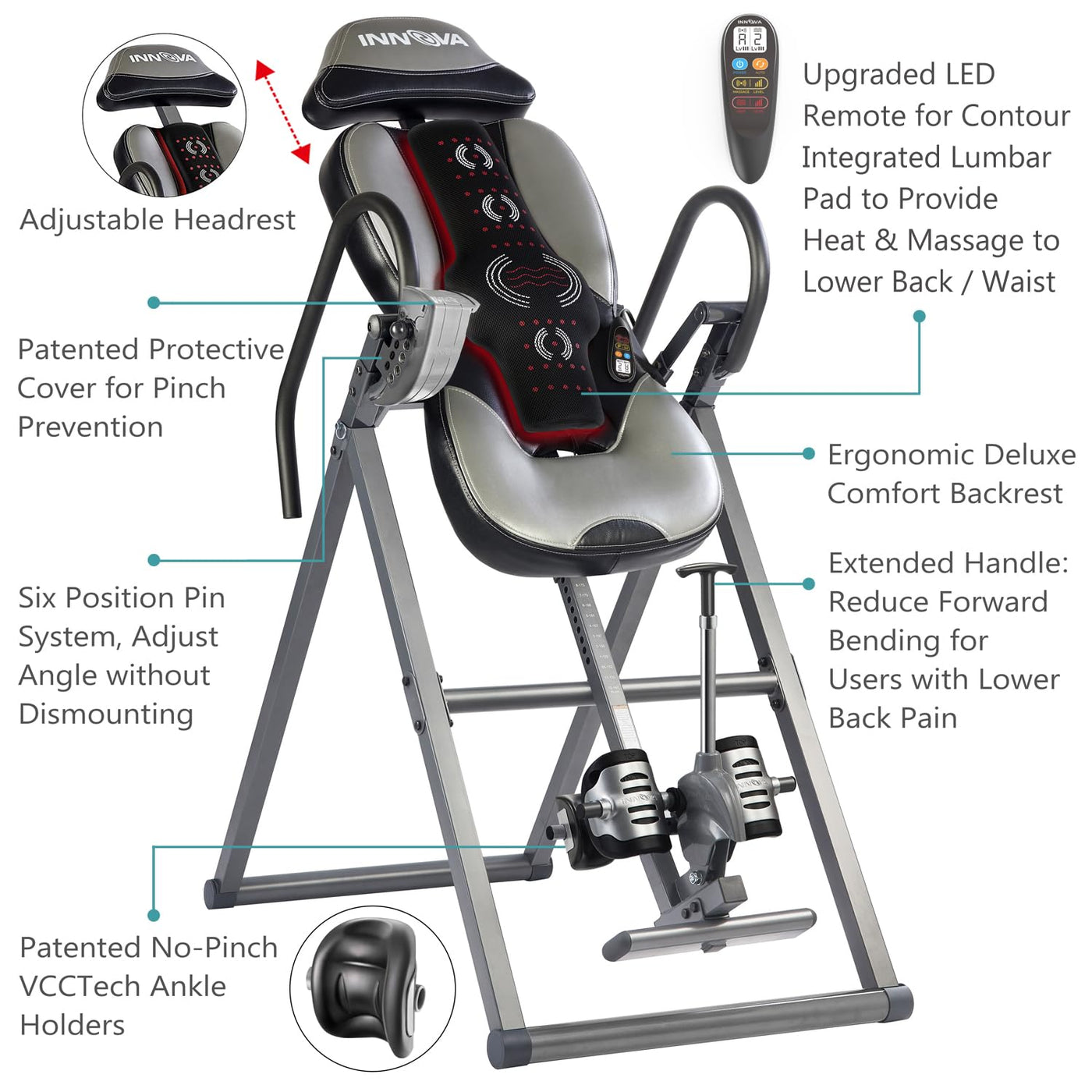 Close-up view of the INNOVA heat and massage inversion table, showing the ergonomic lumbar pad and adjustable headrest.