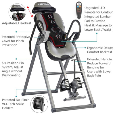Close-up view of the INNOVA heat and massage inversion table, showing the ergonomic lumbar pad and adjustable headrest.