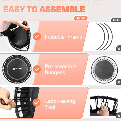 Demonstration of BCAN Adult Mini Trampoline featuring a strong frame and bungee support during a fitness session.