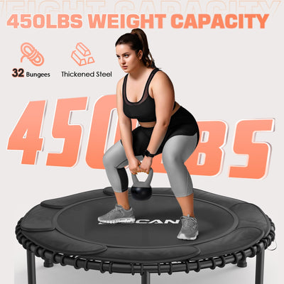 User using BCAN fitness trampoline with handle demonstrating an elevated jump technique during workout.
