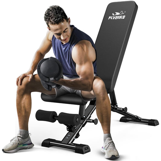 FLYBIRD Weight Bench showcasing adjustable features for strength training with a focus on quality and stability, perfect for a full body workout.