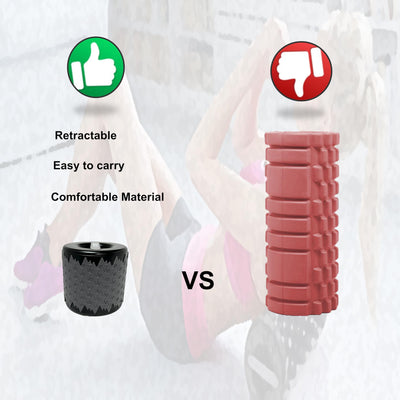 Collapsible foam roller showing its expandable structure alongside a measuring tape to showcase its size from 5.5 inches to 13 inches.