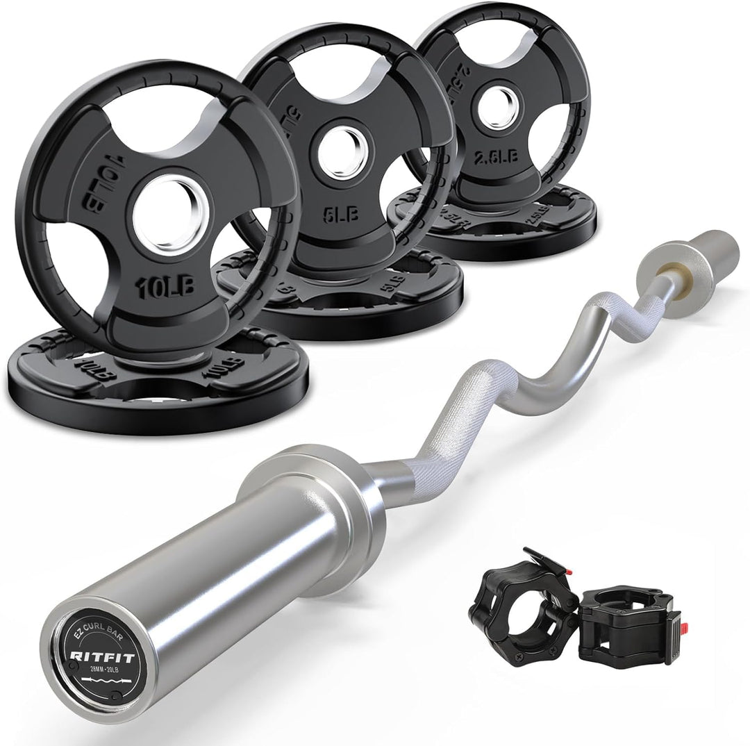 RitFit 2-Inch EZ Curl Bar with Weights for Bicep &amp; Tricep Strength Training | 350LB Olympic Barbell Set | DreamchaserHQ