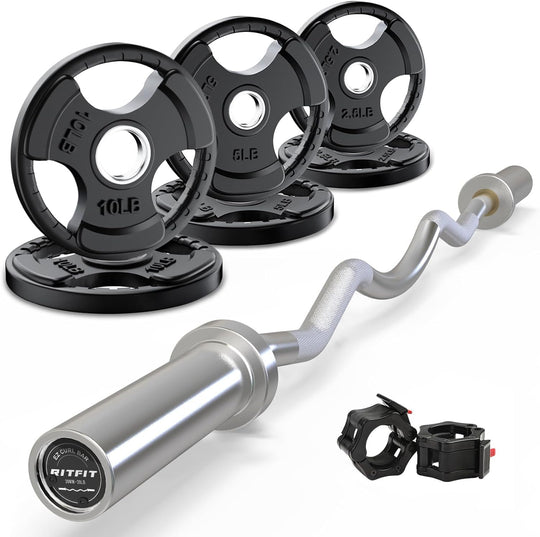 RitFit 2-Inch EZ Curl Bar with Weights for Bicep &amp; Tricep Strength Training | 350LB Olympic Barbell Set | DreamchaserHQ