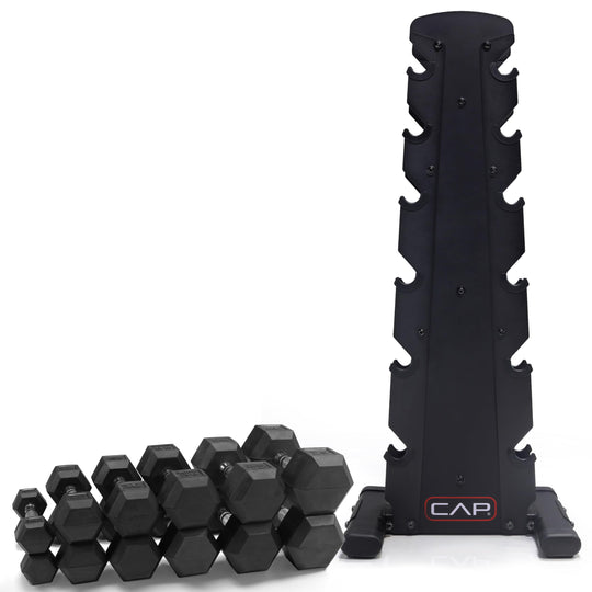 CAP Barbell 150 LB Hex Dumbbells with Rack - Space-Saving Design, Durable Rubber Coating, Versatile for Home Gym - Dreamchaser Headquarters