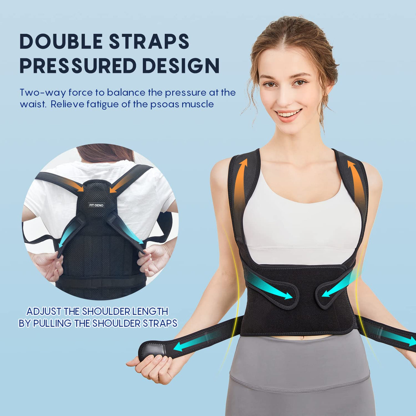 Fit Geno Back Brace posture corrector aiding in relief from back pain while promoting better posture.